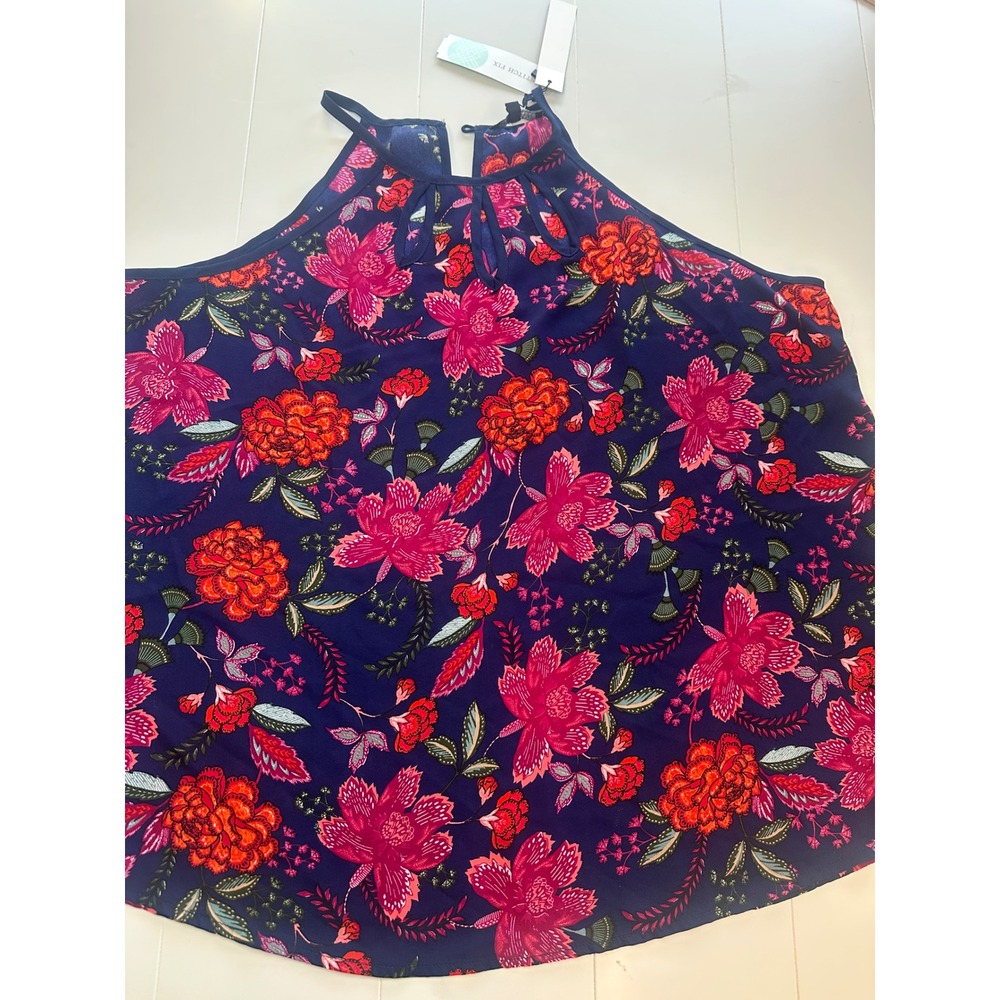 Papermoon Blouse Women XXL Walita Cutout Detail Navy Pink Floral Halter Top NEW